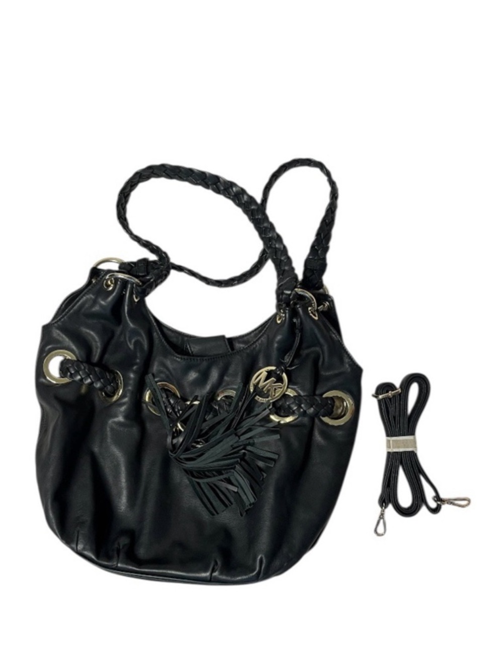 MICHAEL Michael Kors Black Leather Hobo Bag Braided Handles Long Strap Gold Tone